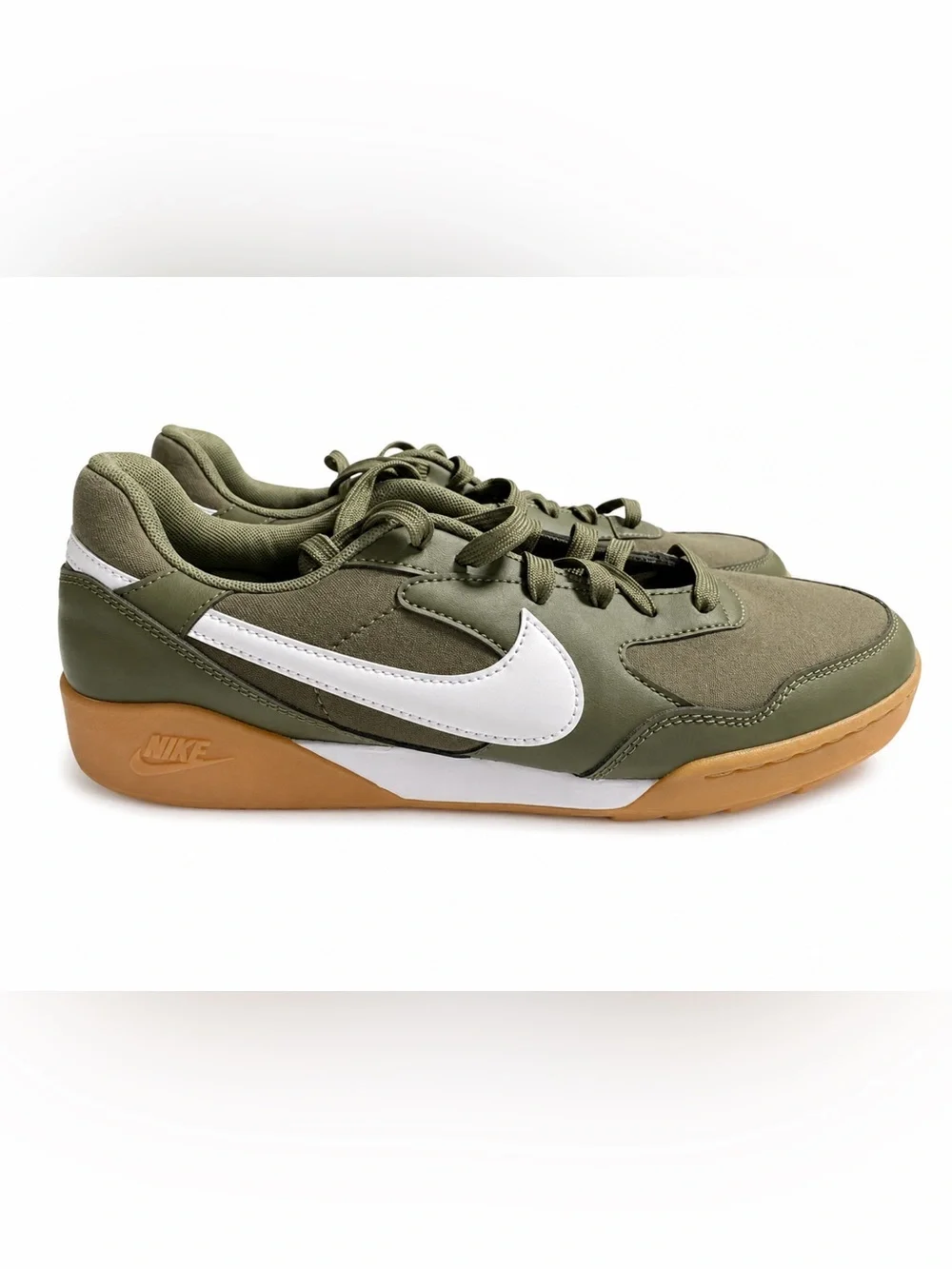 Nike Olive Green Low-Top Sneakers with White Swoosh and Gum Sole